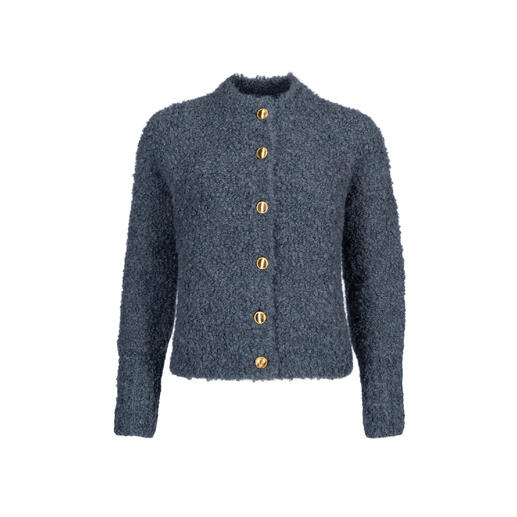 Graue Alpaka-Bouclé-Strickjacke mit goldenen Knöpfen.