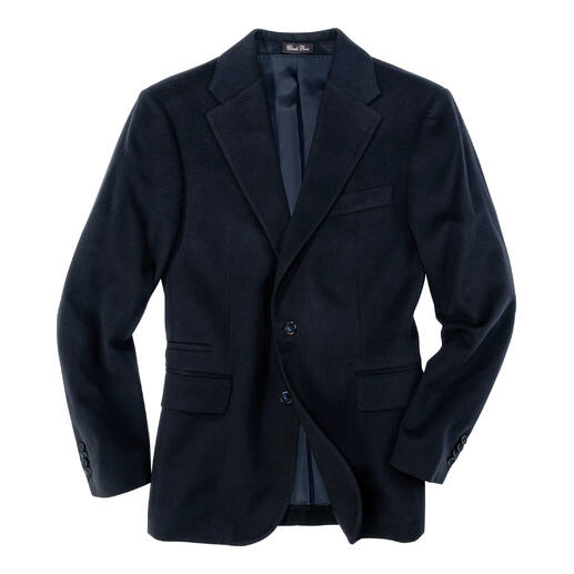 Vicuña-Blazer in Schwarz, frontalansicht mit schmalem Revers.