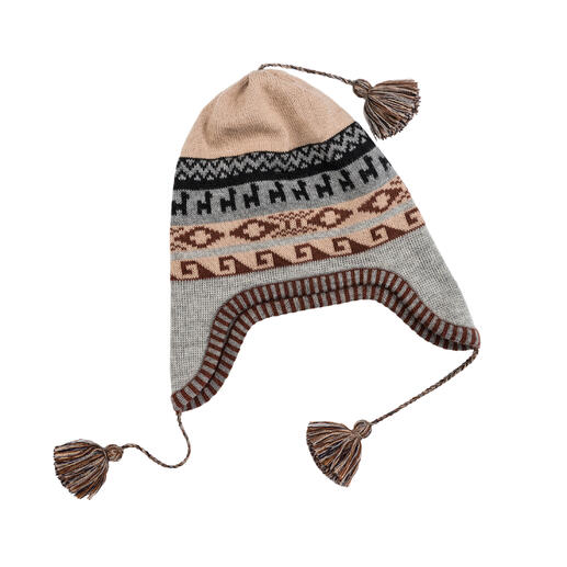 Peru-Mütze mit geometrischen Mustern und Quasten in Beige, Grau und Braun.