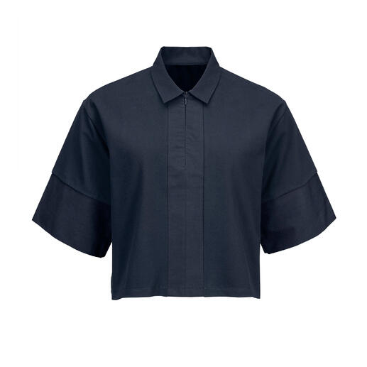 Boxy Oversize-Blusenshirt in dunkelblau, frontal abgebildet.