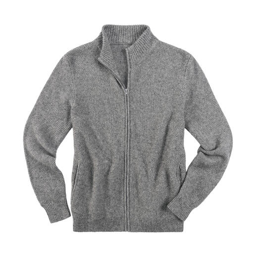 Graue Alpaka-Klima-Strickjacke in seitlicher Ansicht