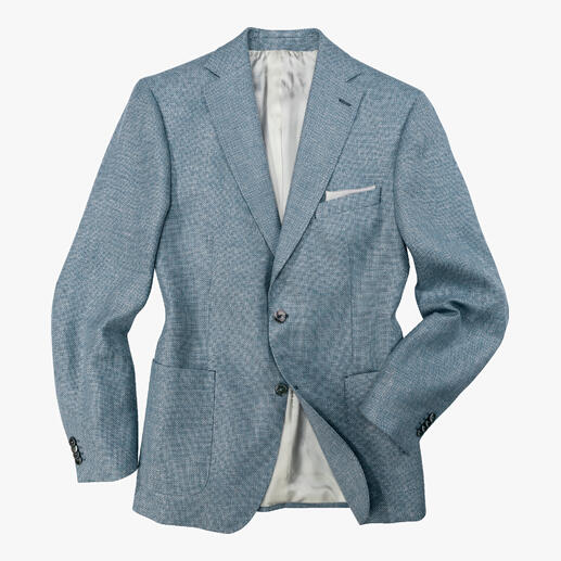 Carl Gross Panama-Sakko in Hellblau mit grauem Innenfutter, lässig drapiert.