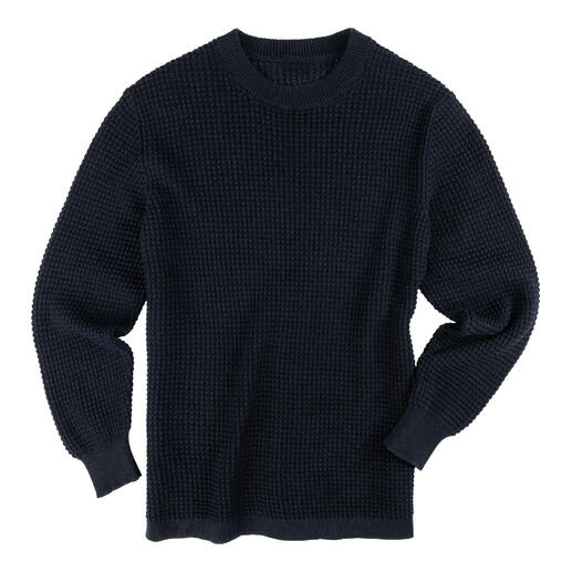 Dunkelblauer Waffelpullover in einer strukturierten Optik, Größe 48.