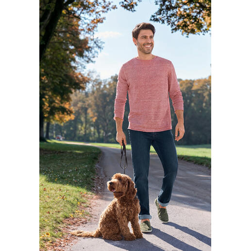 Rot/Natur Mann in einem rosanen, leichten Pullover, geht mit einem Hund auf einem Weg.