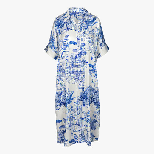 Esisto Blusenkleid in Weiß-Blau mit floralem Muster auf Display.