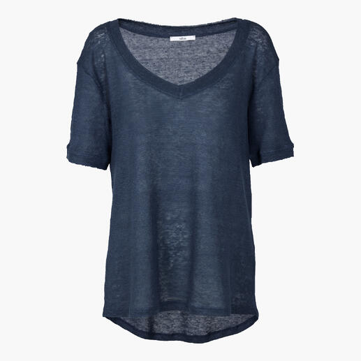 Dunkelblaues Leinenshirt in Größe 36, zeigt den Oberkörper.
