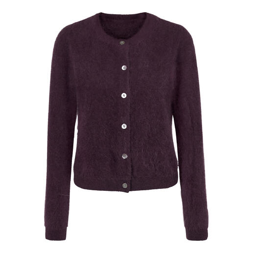 Dunkelvioletter Cardigan aus Kaschmir mit weichem Stoff.