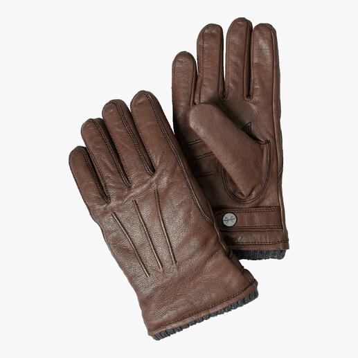 Braune Primaloft-Handschuhe mit gestepptem Design.