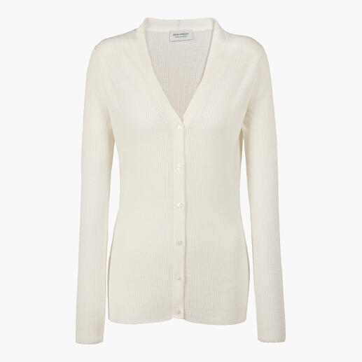 Beige Strickjacke mit V-Ausschnitt und Knöpfen.