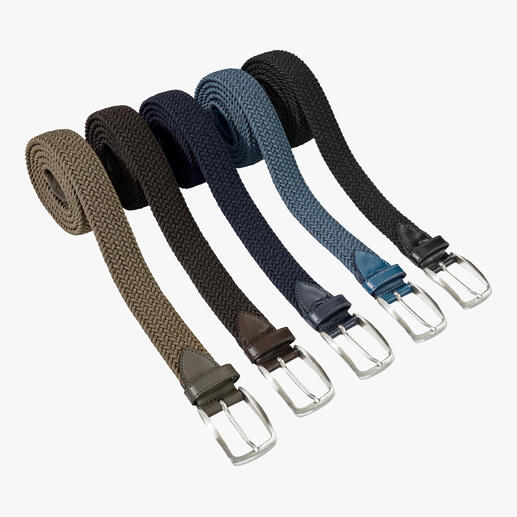 Fünf elastische Gürtel in Braun, Blau, Dunkelblau, Schwarz und Grau mit silberner Schnalle.