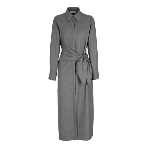 Graues Wollmix-Kleid von LaSalle A. in voller Länge, mit einem Taillengürtel.