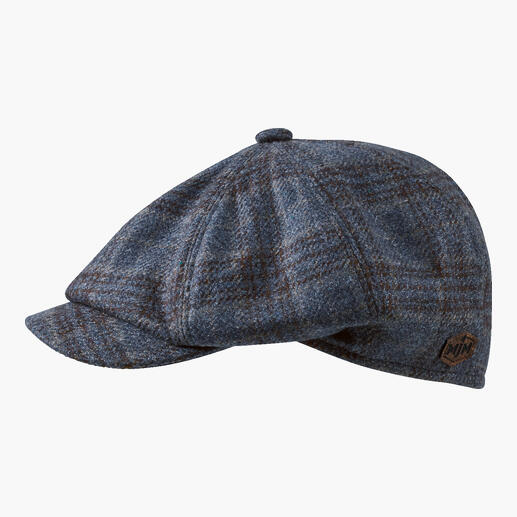 Beiger Paper Boy Hat seitlich mit kariertem Muster.