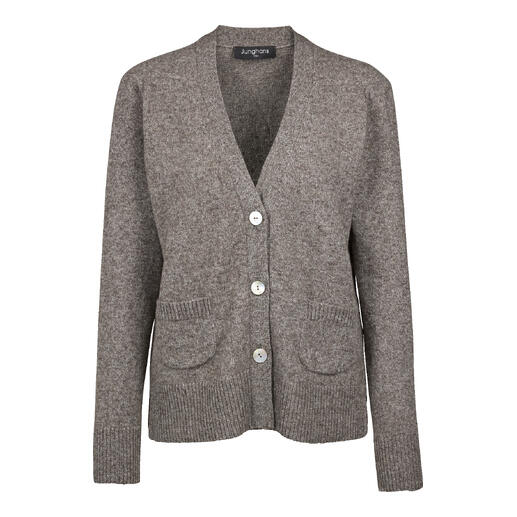 Grau-brauner Yak-Cardigan mit drei Knöpfen und Taschen.