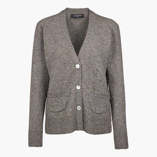 Grau-brauner Yak-Cardigan mit drei Knöpfen und Taschen.