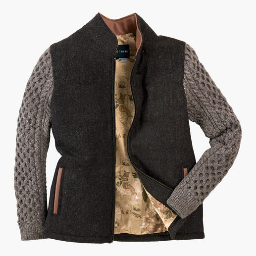 Braun-graue Celtic-Tweed-Jacke mit einem Innenfutter aus Muster.