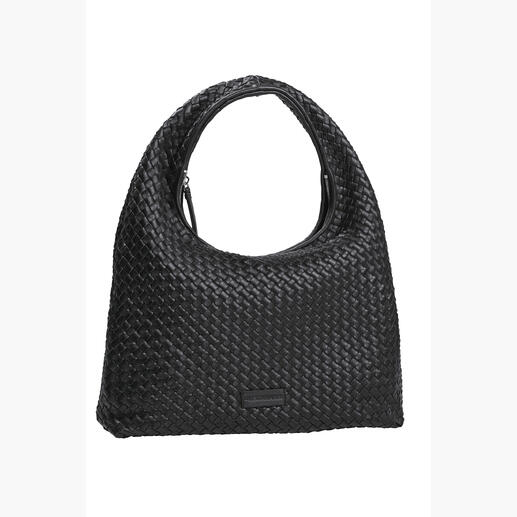 Schwarze Hobo-Flechttasche, mit breitem Tragegriff und elegantem Design.