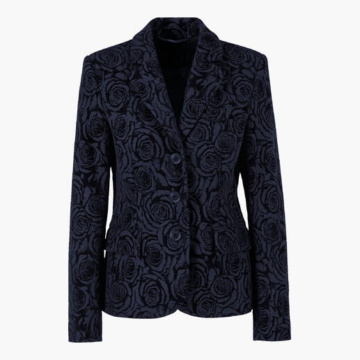 Der elegante Blazer für kühle Tage. Edel geflocktes Rosen-Dessin. Wohlig wärmender Woll-Flanell. Rosen-Flanell-Blazer in Schwarz mit floralem Muster