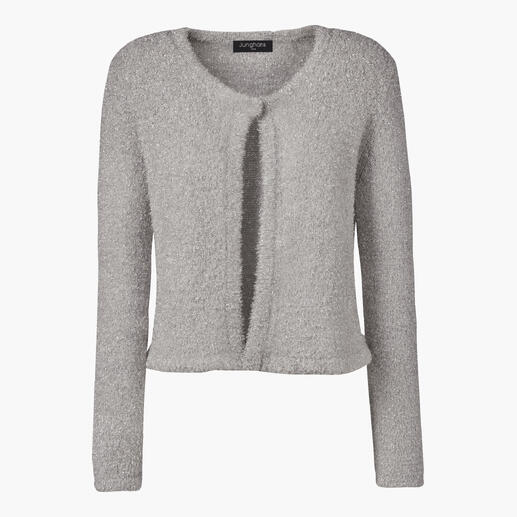 Der Bolero aus Teddy-Strick mit edlem Metallic-Schimmer: So gemütlich war Glamour noch nie. Herrlich bequem. Vielseitig kombinierbar. Und einfach glänzend schön. Von Junghans 1954. Grauer Metallic-Bolero aus weichem Material
