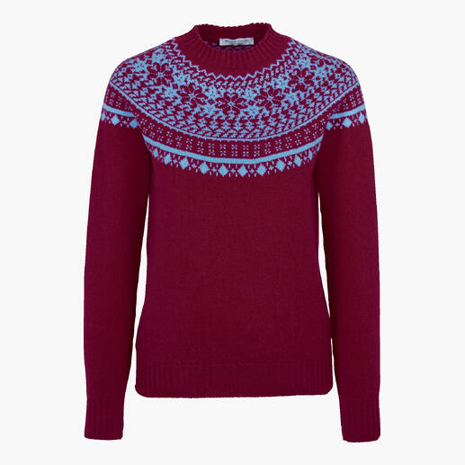 Vorderansicht eines William Lockie Fair-Isle-Pullovers in Rot mit blauem Muster.