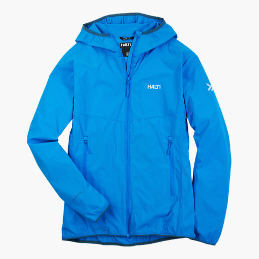 Ultralight-H-Softshelljacke in Blau, an einem Kleiderbügel.