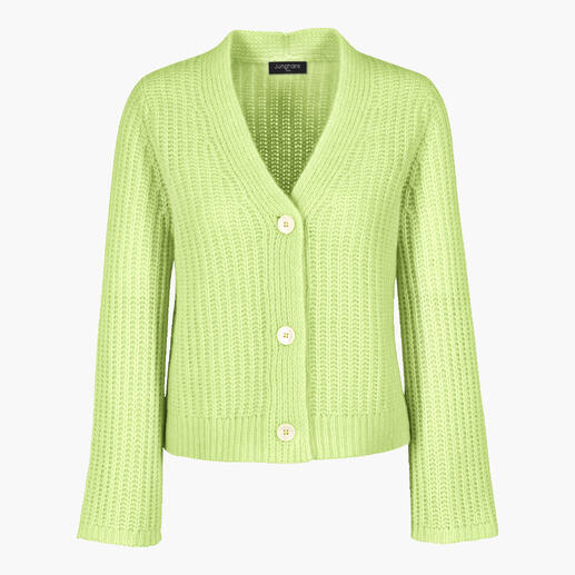 Heller, grün strukturierter Cashmere-Cotton-Cardigan mit Knöpfen, frontal.