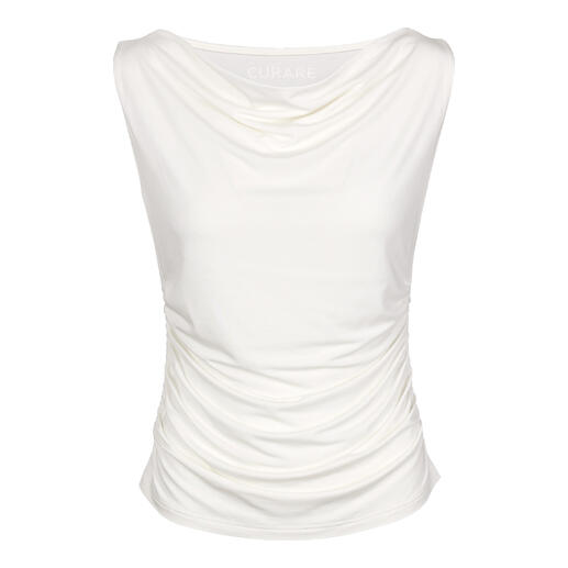 Weißes Yoga-Shirt mit Wasserfall-Ausschnitt, frontal abgebildet.