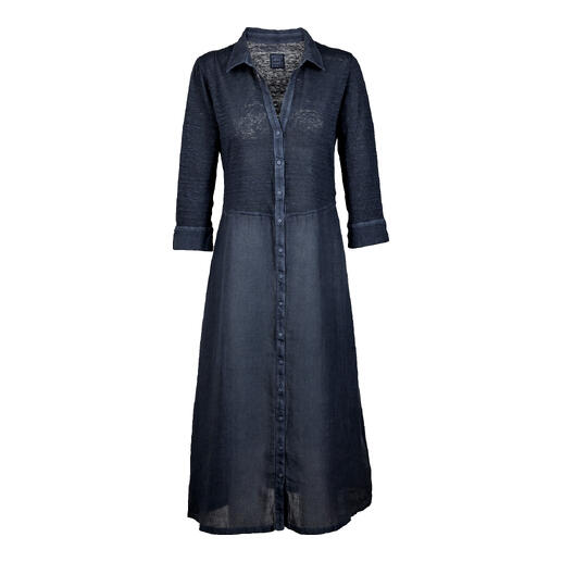 Dunkelblaues Leinen-Kombikleid mit Knopfleiste und langem Schnitt