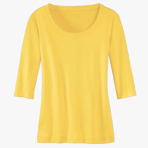 Gelbes Wolff-Shirt mit Rundhalsausschnitt und 3/4-Ärmeln.