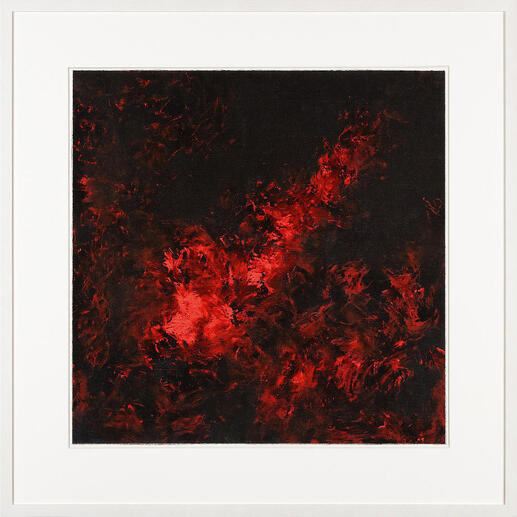Abstraktes rotes und schwarzes Kunstwerk in einem weißen Rahmen.