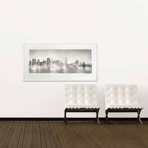 Das großformatige Werk zeigt die Skyline der Insel Manhattan, die äußerst detailliert zu erkennen ist.