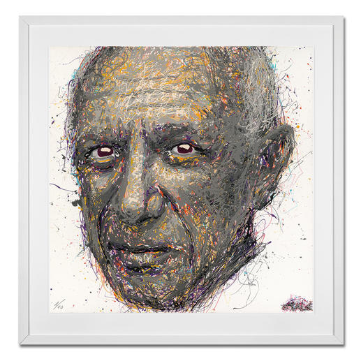 STALE – Think different/Picasso STALE: Senkrechtstarter dank weltweit einzigartiger Technik. Bemerkenswertes Picasso-Portrait im Action Painting erschaffen. 40 Exemplare. Maße: gerahmt 72 x 72 cm