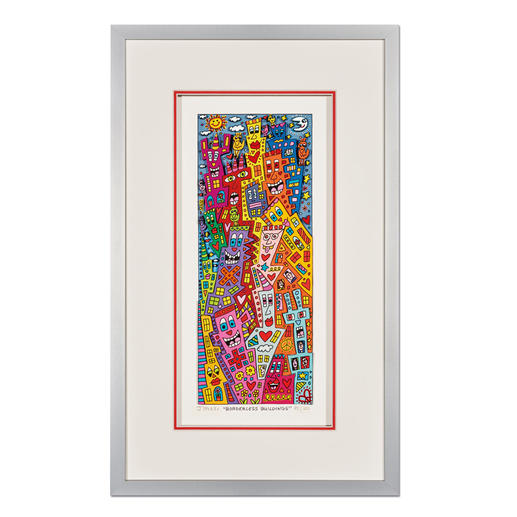 James Rizzi – Borderless Buildings 3D-Papierskulpturen des verstorbenen James Rizzi. 50 Exemplare. Maße: gerahmt 24 x 40 cm