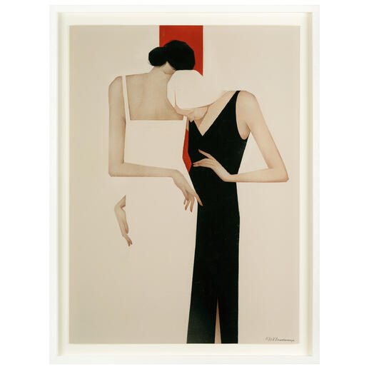 Kunstwerk mit zwei stilisierten Figuren in einem emotionalen Moment, umrahmt von einem Rahmen.