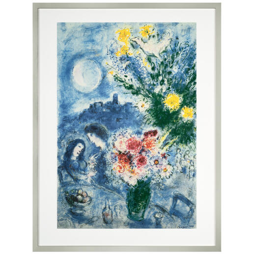 Farbenfrohes Gemälde von Marc Chagall mit Blumen und Figuren.