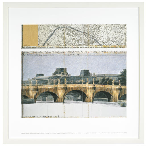 Skizze von Christo und Jeanne-Claude zum Pont Neuf mit Stadtplan.