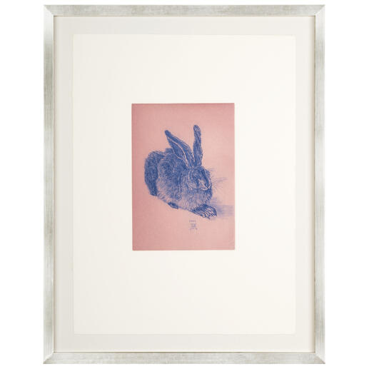 Hase in rosa Ton, gerahmt und auf einem hellen Hintergrund.