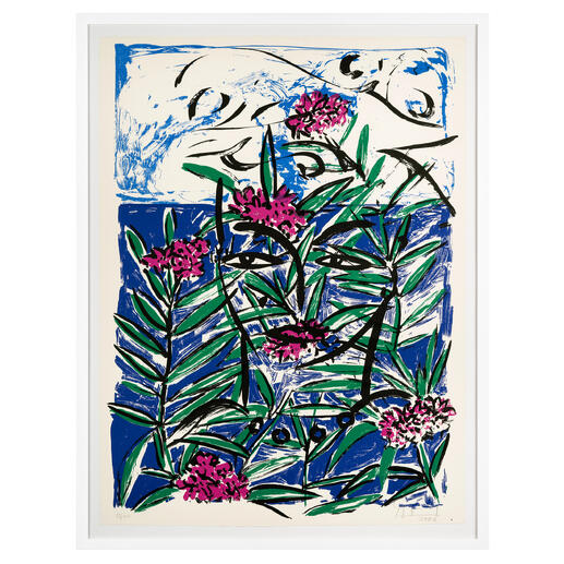 Bunte Darstellung von Oleanderblüten vor einem blauen Hintergrund.