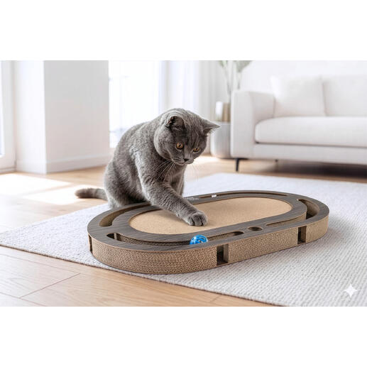 Katze spielt mit einem Kratzspielzeug im Wohnzimmer auf einem hellen Teppich.
