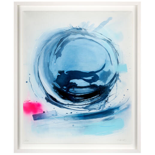 Abstrakte Kunst mit blauen und pinken Farbtönen in einem weißen Rahmen.