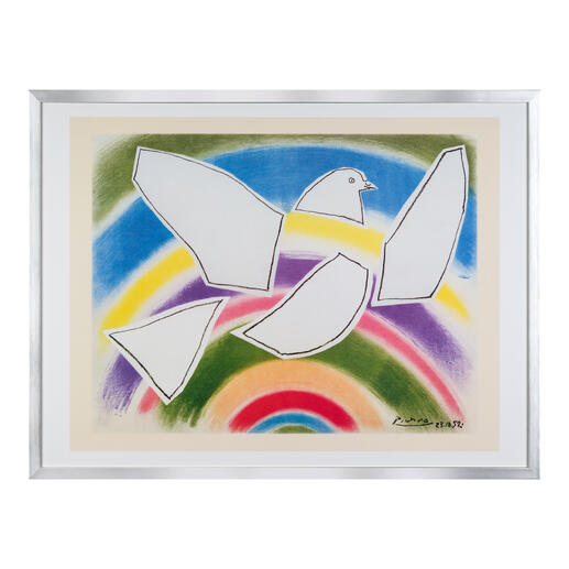 Kunstwerk mit fliegender Taube vor einem bunten Regenbogen