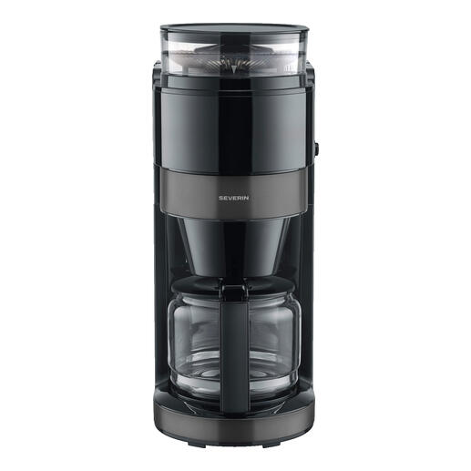 Premium Filterkaffeemaschine mit Mahlwerk, schwarze Maschine mit Glaskanne.