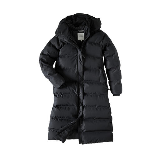 Schwarzer Puffer-Parka für Herren mit Kapuze, offen liegend.