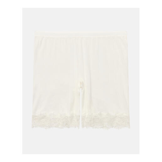 Kurze schwarze Unterhose mit Spitze am Saum.