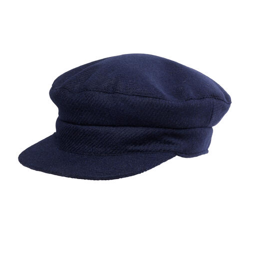 Dunkelblaue Tweed Skipper Cap auf weißem Hintergrund.