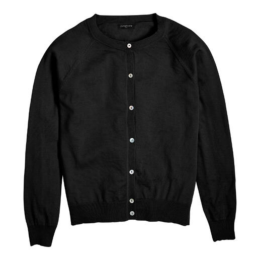 Schwarzer JH1954 Edel-Kurzcardigan mit runden Knöpfen.