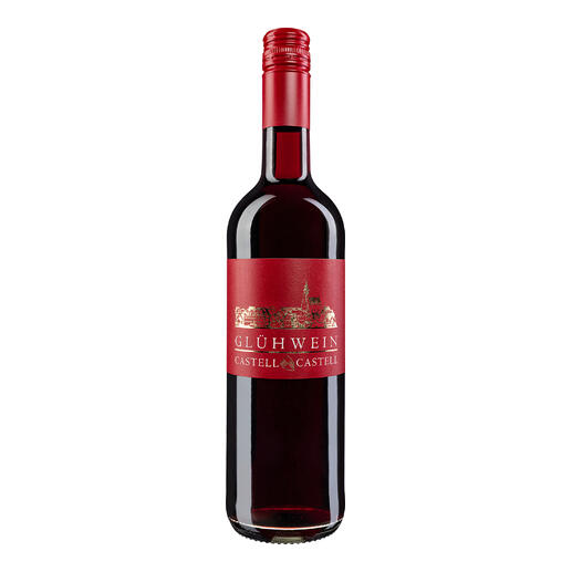 Flasche Castell Glühwein aus Rotwein mit rotem Etikett.