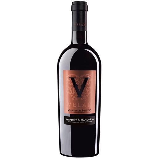 Primitivo Velar 2019, Vigneti del Salento, Manduria, Apulien, Italien Primitivo di Manduria aus 70 Jahre alten Reben. Von Starwinzer Filippo Baccalaro.