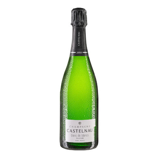 Flasche Champagne Castelnau Blanc de Blanc 2008 mit Perlen.
