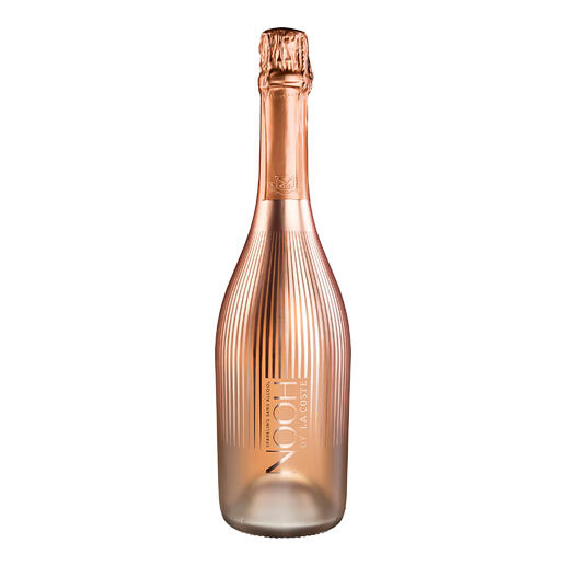 Flasche NOOH Sparkling Rosé alkoholfrei aus der Provence, Frankreich mit glänzendem, rosa Glass.