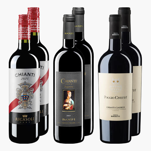 Chianti-Weinpaket mit drei Flaschen Chianti-Wein in eleganter Anordnung.